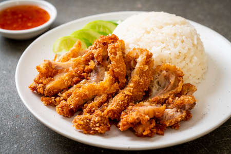 Hainanese chicken rice with fried chicken or rice steamed chicken soup with fried chicken - Asian food styleの写真素材