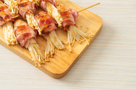 Bacon Wrapped Golden Needle Mushroom Skewers