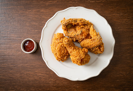 fried chicken with ketchup on plate - unhealthy foodの写真素材