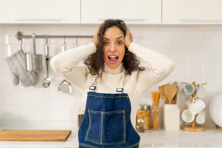 portrait beautiful Latin woman in kitchenの写真素材