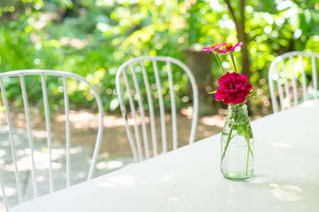 beautiful rose flower in vase decorated on table in cafe restaurant