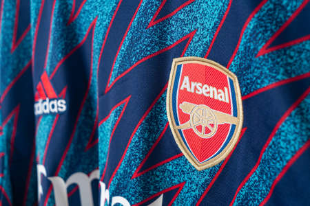 Bangkok, Thailand - Jan 18, 2022 : close up Arsenal logo on Arsenal shirt third jersey season...