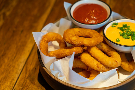 onions ring with ketchup and sauce on plateの写真素材