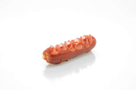 fried sausage skewer isolated on white backgroundの写真素材