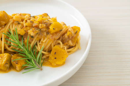 pumpkin spaghetti pasta alfredo sauce - vegan and vegetarian food styleの写真素材