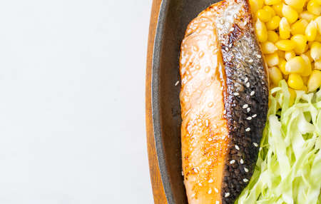 grilled salmon fillet steak on hot plate in Japanese styleの写真素材