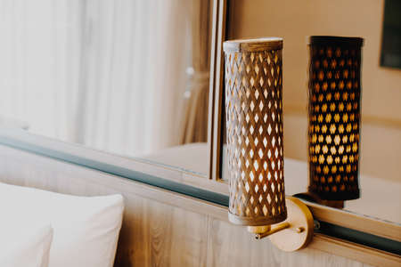 close-up beautiful bedside lamp decoration in bedroomの写真素材