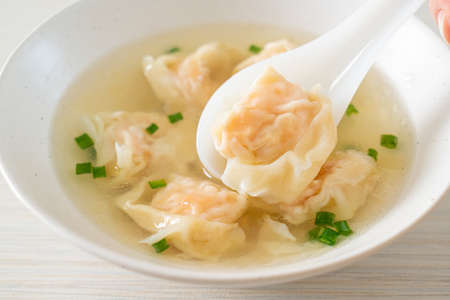 shrimp dumpling soup in white bowl - Asian food styleの写真素材