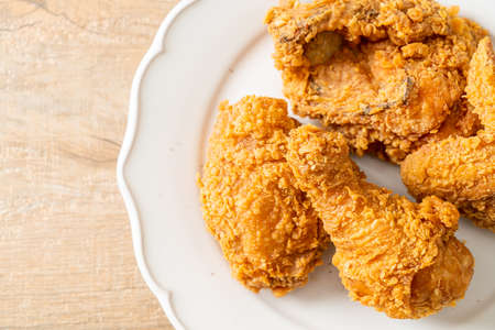 fried chicken with ketchup on plate - unhealthy foodの写真素材