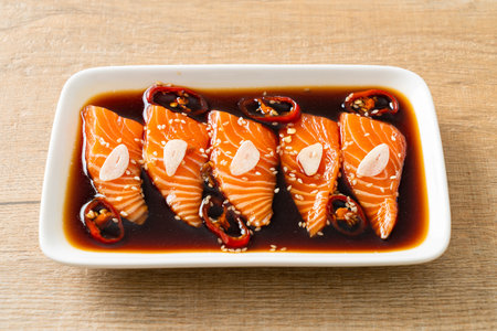 Salmon marinated shoyu or salmon pickled soy sauce in Korean styleの写真素材