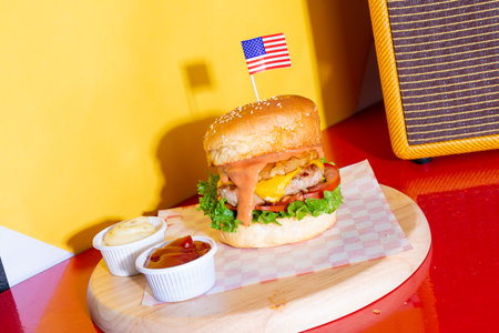 hawaiian pork burger - pork with cheese and grilled pineapple burger - American food styleの写真素材