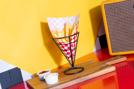 French fries with ketchup and mayonnaise - American food styleの写真素材