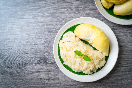 Durian with sticky rice -  sweet durian peel with yellow bean, Ripe durian rice cooked with coconut milk - Asian Thai dessert summer tropical fruit foodの写真素材