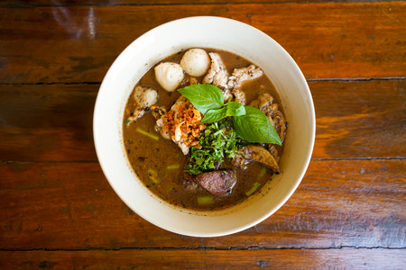 Thai boat noodles - Thai noodle with pork in blood soupの写真素材