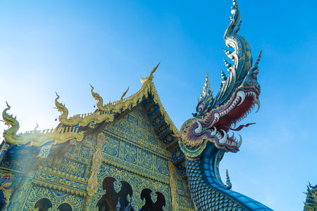 beautiful architecture at Wat Rong Suea Ten or Blue Temple in Chiang Rai, Thailandの写真素材