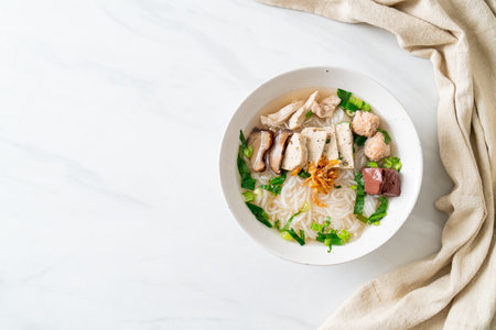Vietnamese Rice Noodles Soup with Vietnamese Sausage served vegetables and crispy onion - Asian food styleの写真素材