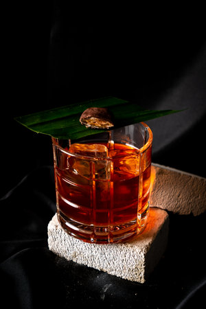 cocktail - infused bourbon banana,   sweet vermouth, bitter banana, bitter angortura in glass on...