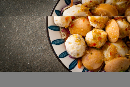 Meatball and fishball spicy salad - healthy food styleの写真素材