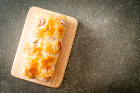 delicious taro toast bread on wood boardの写真素材