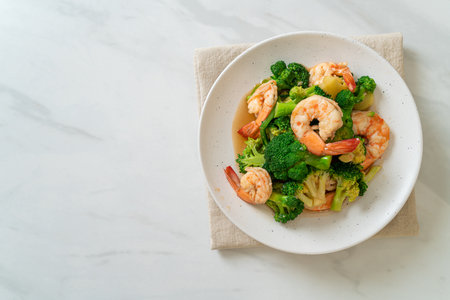 stir-fried broccoli with shrimps - homemade food styleの写真素材