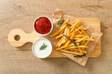 French fries or potato chips with sour cream and ketchupの写真素材