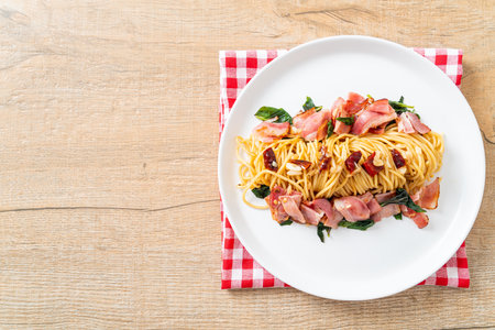 Homemade Stir-Fried Spaghetti With Dried Chili And Baconの写真素材