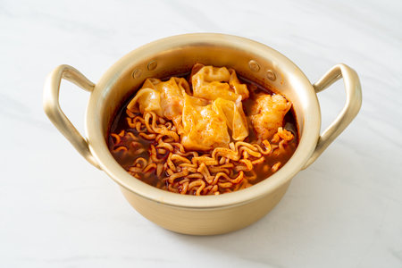 Korean instant noodles with dumplings - Korean food styleの写真素材