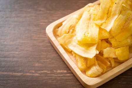 Crispy Banana Chips - fried or baked sliced bananaの写真素材
