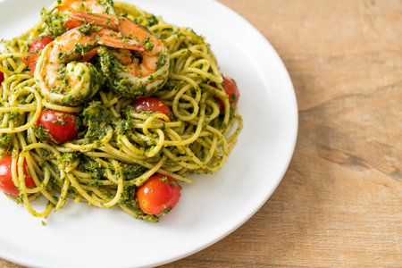 Spaghetti with prawns or shrimps in homemade pesto sauce - Healthy food styleの写真素材