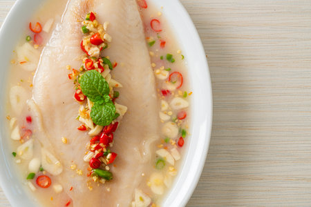Steamed Fish in Spicy Lemon Sauce on white plateの写真素材