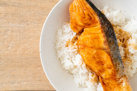 Grilled Salmon with Soy Sauce Rice Bowl - Japanese food styleの写真素材