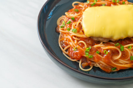 Spaghetti Tomato Sauce with Hamburg and Cheese on plateの写真素材
