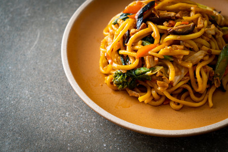 stir-fried yakisoba noodles with vegetable in vegan style - Vegan and vegetarian food styleの写真素材