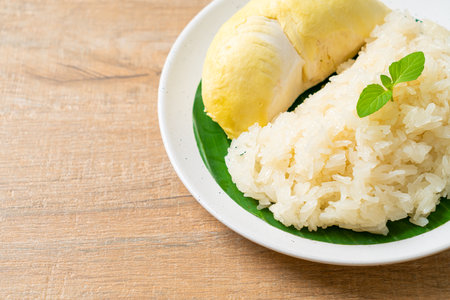 Durian with sticky rice -  sweet durian peel with yellow bean, Ripe durian rice cooked with coconut milk - Asian Thai dessert summer tropical fruit foodの写真素材