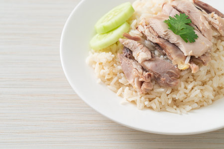 Hainanese Chicken Rice or steamed rice with chicken - Asian food styleの写真素材