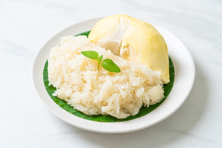 Durian with sticky rice -  sweet durian peel with yellow bean, Ripe durian rice cooked with coconut milk - Asian Thai dessert summer tropical fruit foodの写真素材
