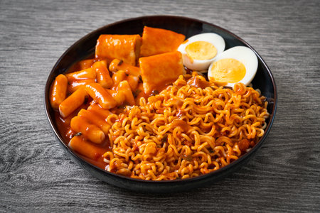 Korean instant noodles with Korean rice cake and fish cake and boiled egg - Rabokki - Korean food styleの写真素材