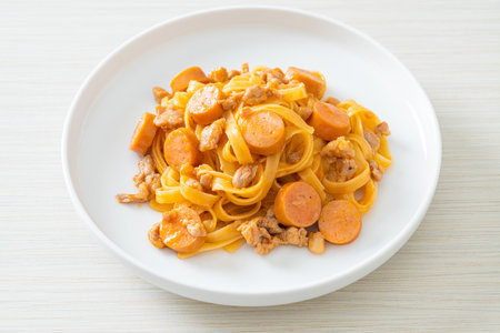 homemade spaghetti pasta sausage and minced porkの写真素材