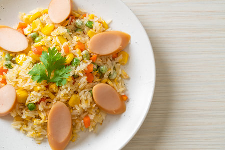 fried rice with sausage and mixed vegetableの写真素材