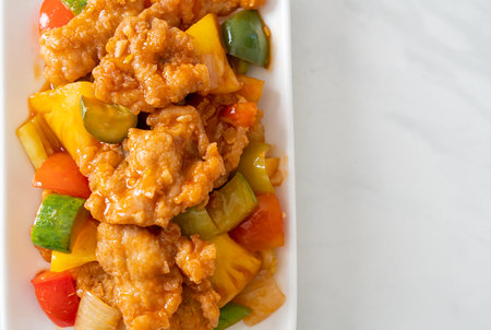 Stir fried sweet and sour sauce with pork and vegetableの写真素材