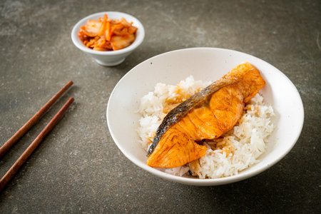 Grilled Salmon with Soy Sauce Rice Bowl - Japanese food styleの写真素材