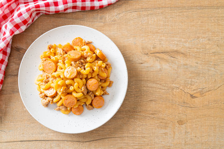 homemade macaroni sausage and minced porkの写真素材