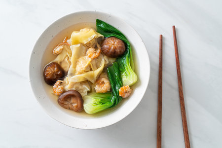 pork dumpling soup with shrimps and vegetable - Asian food styleの写真素材