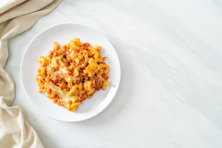 homemade baked macaroni bolognese with cheese - Italian food styleの写真素材