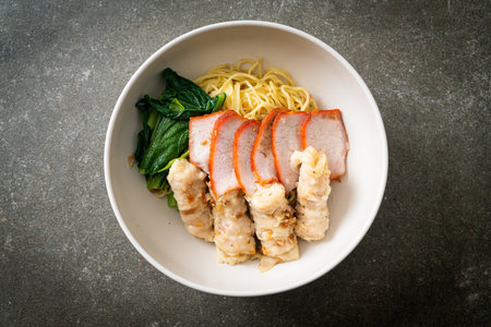 Barbecue Red Pork and Wonton Noodles with Soup Asian food styleの写真素材