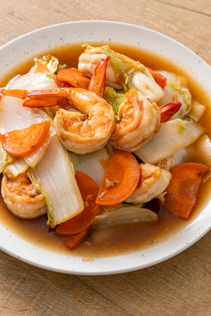 stir-fried Chinese cabbage with shrimps on plateの写真素材