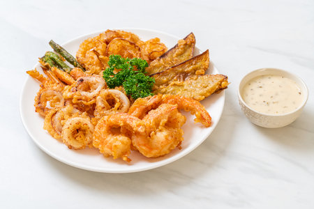 deep fried seafood (shrimps and squid) with mix vegetableの写真素材