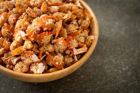 dried shrimps or dried salted prawn in bowlの写真素材