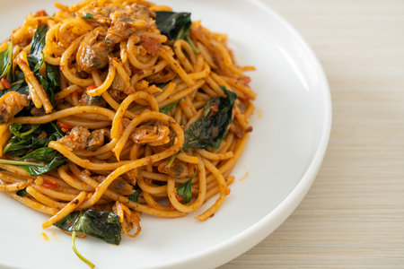 Stir Fried Spaghetti with Clam and Chilli Paste - Fusion food styleの写真素材