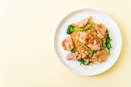 Stir-fried rice vermicelli and water mimosa with pork - Asian food styleの写真素材
